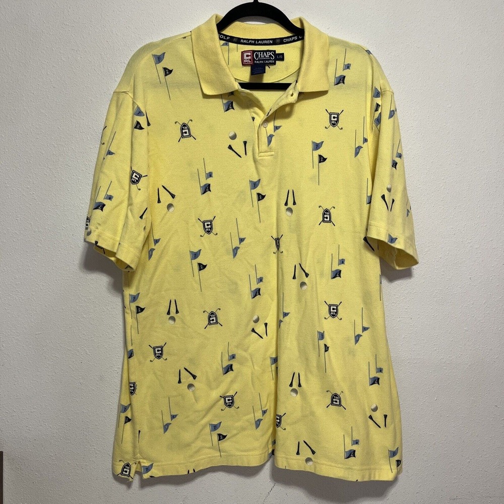 Vintage Chaps Ralph Lauren Golf Polo, Large, Yellow, Short Sleeve All Over Print